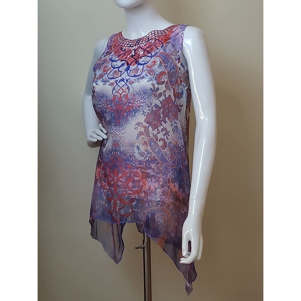 ONE WORLD Floral Paisly Top Size Small Sleeveless Lace Crochet Orange Blue - Picture 2 of 8